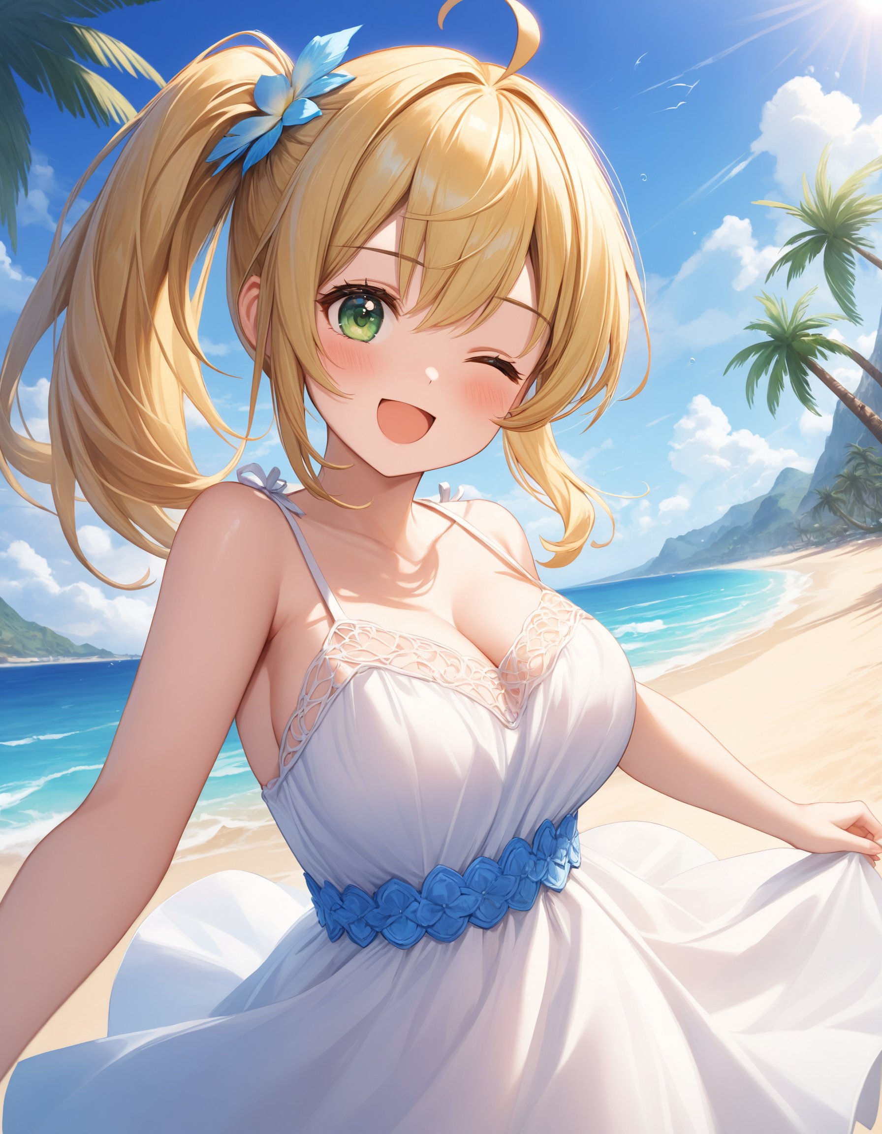 Upper body shot. Cinematic angle. A cute girl. (Cute round face:1.2). Detailed green eyes. (One eye closed:1.25). Medium hair, (side ponytail:1.1), blonde hair, ahoge and hair between eyes. Detailed slender body. Large breasts. White satin sundress. Happy expression. Open mouth. Dynamic pose. Looking at viewer. Fashionable beach. Palm tree. Blue sky. Clear sky. Daytime. Summer. (Sunbeam:1.4). Cute style. Intricate details. Extremely detailed. Outstanding intricacies. (Masterpiece:1.2). (Best quality:1.2). (Absurdres absolutely resolution:1.4).