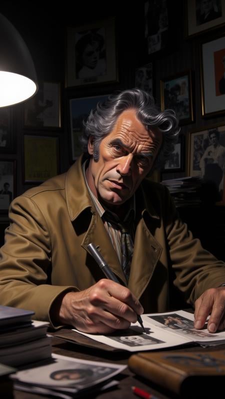 close up of A grizzled private detective in a rumpled trench coat sits at his cluttered desk, staring at a photograph. His office is dimly lit, the only illumination coming from a single desk lamp. The detective’s face is hard and lined, reflecting years of hard-boiled cases<lora:Adventure_Comic_Book:0.8>