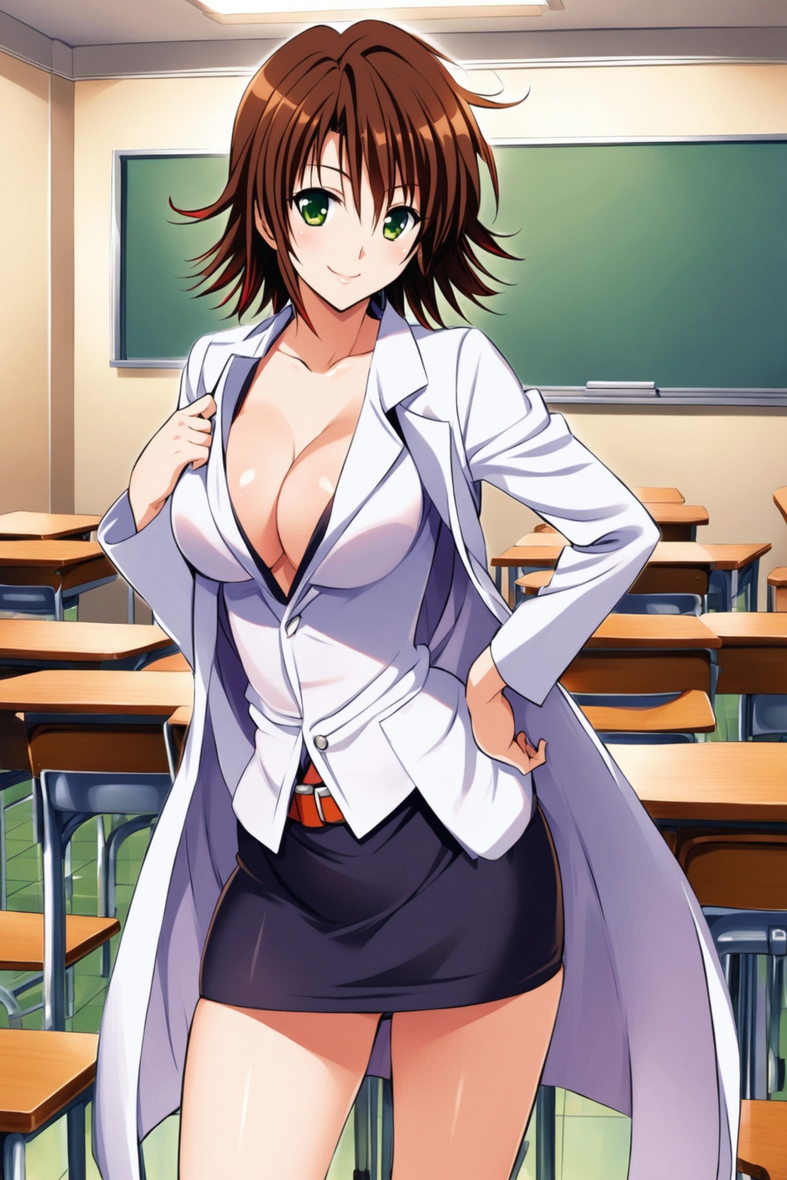 Ryuko Mikado,1girl,solo,smile,breasts,brown hair,cleavage,green eyes,skirt,short hair,white shirt,labcoat,large breasts,pencil skirt,belt,black skirt,hand on hip,looking at viewer,classroom,table,<lora:Yabuki Kentarou_XL_netaArt:0.8>,