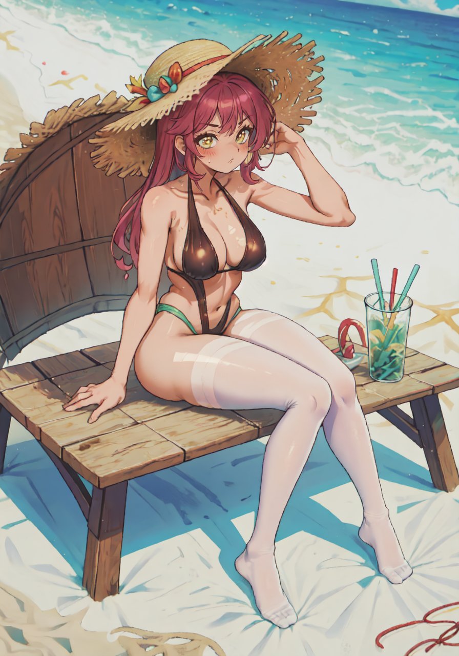 1girl, swimsuit, beach, white legwear, pantyhose under swimsuit, straw hat <lora:kleggs:1.0> 