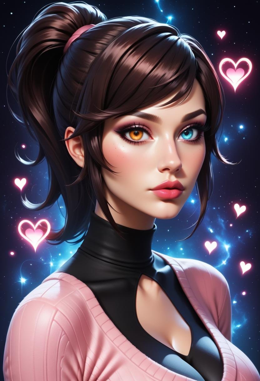 score_9,score_8_up,score_7_up,score_6_up,score_5_up,score_4_up  , portrait of a glamorous woman, sultry, swept bangs, brown ponytail, pink sweater, black shirt, cleavage, black yoga pants, heterochromia, starry dark moonlit background, with shiny neon hearts,  up close, dark shadows, realistic, long eyelashes