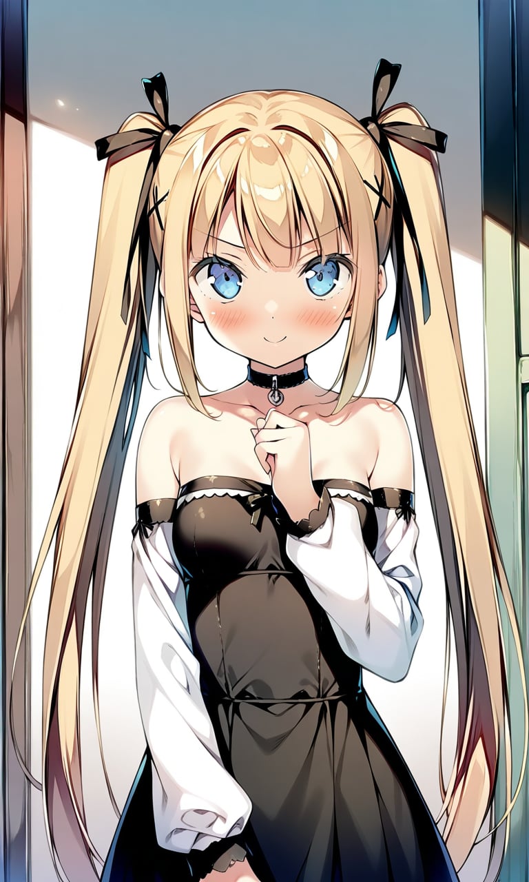 1girl, marierose, bangs, bare shoulders, black ribbon, blonde hair, x hair ornament, blue eyes, small breasts, blush, breasts, choker, black dress, closed mouth, collarbone, detached sleeves, eyebrows visible through hair, hair ribbon, long hair, long sleeves, looking at viewer, ribbon, smile, solo, twintails, upper body, v-shaped eyebrows, very long hair, upper body, straight-on, (indoors:1.1), masterpiece, best quality, absurdres, by kantoku, <lora:MarieRose_XL:1> 