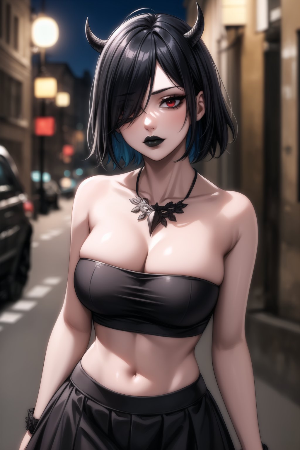 ((best quality)), ((highly detailed)), masterpiece, ((official art)), detailed face, beautiful face, (detailed eyes, deep eyes), seductive posing, (cowboy shot),secre, horns, red eyes, (sexy:1.3), (short straight black hair, dark black hair, short straight hair, hair covering one eye:1.3), (makeup, black lips:1.3),(  pale white skin, very white skin, goth, long eyelashes, medium to big breasts, black necklace, black fishnet shirt, black tube top, black fishnet shirt over black tube top, black skirt, city street, nighttime)), intricately detailed, hyperdetailed, blurry background, depth of field, best quality, masterpiece, intricate details, tonemapping, sharp focus, hyper detailed, trending on Artstation, 1 girl, high res, official art, ,secre<lora:EMS-93-EMS:0.600000>, <lora:EMS-31593-EMS:0.200000>, <lora:EMS-28161-EMS:0.300000>, <lora:EMS-401523-EMS:0.800000>, <lora:EMS-84057-EMS:0.600000>