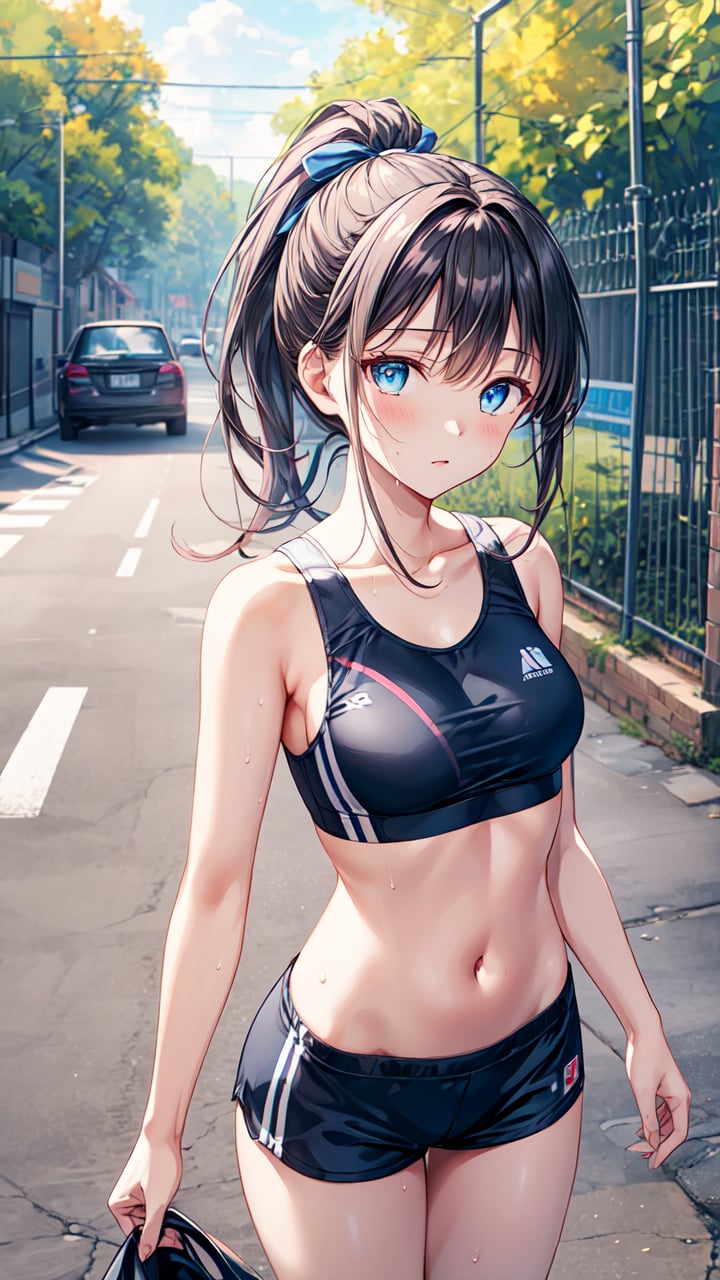 masterpiece,best quality,highres,illustration,hyper detailed,8k cg wallpaper,ray tracing,((black hair:1.2)),((long hair:1.2)),((blue eyes:1.2)),((straight hair:1.2)),((ponytail:1.2)),medium breasts,(hiten1:0.8),<lora:add_detail:1>,sports bra,shorts,sweat,navel,outdoors,((pov:1.1)),((solo:1.2)),((1girl:1.2)),((cowboy shot:1.2)),