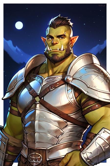 score_9, score_8_up, score_7_up, score_6_up, score_5_up, score_4_up, solo, male focus, mature male, orc, green skin, tusks, beard, outdoors, armor, looking at viewer, shoulder armor, breastplate, upper body, closed mouth, pauldrons, night, night sky, standing <lora:Line Art Style LoRA XL:1>