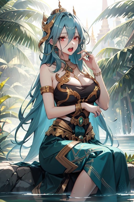 thai dress, sitting, large breasts, ring, blue hair, water, long skirt, own hands together, open mouth, red eyes, armlet, <lora:277e6780-7e4d-4bce-95ee-cf4a7da9bd59:0.7>