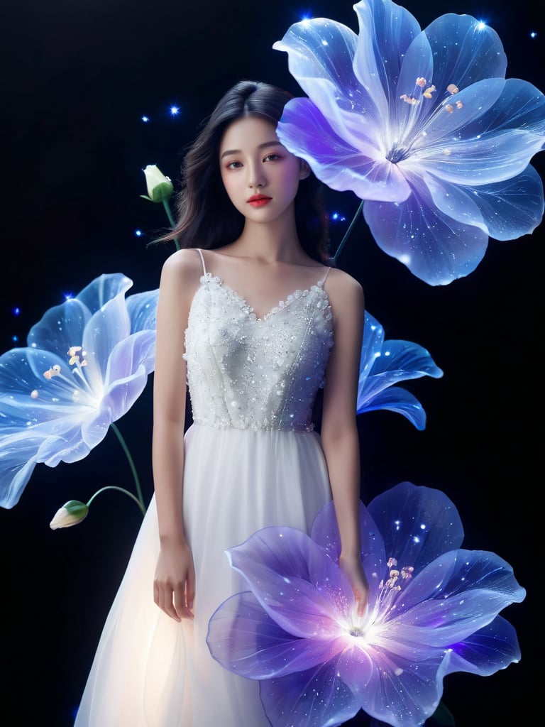 1 girl, standing, wearing a white dress, white flower, Giant Glowing transparent flowers background, black background, red flower, purple flower, blue flower, still life, light particles  <lora:Light flower:0.85>