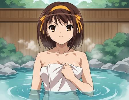 score_9, score_8_up, score_7_up, source_anime,haruhisuzumiya,  <lora:haruhi-suzumiya-s1-ponyxl-lora-nochekaiser:1>,haruhi suzumiya, short hair, brown hair, brown eyes, hairband, medium hair, ribbon, hair ribbon,nude, naked, outdoors, onsen, towel, naked towel, steam, bathing, nude cover, partially submerged, water, bath, steam censor, wet towel,looking at viewer, cowboy shot, solo,