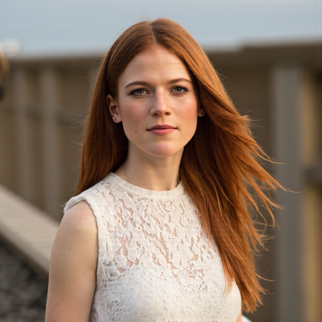 A portrait of rose_leslie with long, straight red hair, captured in a side profile. She wears a white sleeveless top with intricate lace detailing. The woman stands outdoors, with a blurred background of a concrete structure, likely a bridge or overpass, suggesting a natural setting. The lighting is soft and natural, with the sun casting a warm glow on the scene. The image conveys a serene and contemplative mood.