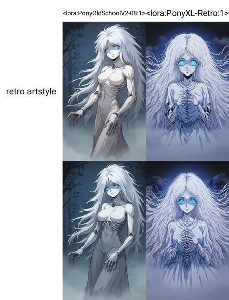 score_9, score_8_up, score_7_up, score_6_up, score_5_up, score_4_up, source_anime, BREAK, solo, mature female, very long hair, white hair,  messy hair, floating hair, blue eyes, glowing eyes, shaded face, evil smile, skeletal arm,  skeletal hand,  forest, night, fog,  horror \(theme\),  retro artstyle,  <lora:PonyOldSchoolV2-08:1>