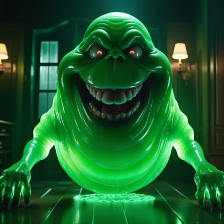 Slimer1024, a glowing green see-through ghost, wet and slimy, in hauted house, features intricate detail, detailed eyes, highly detailed, photography, ultra sharp, film, bokeh, professional, 4k  <lora:Slimer1024:0.3>