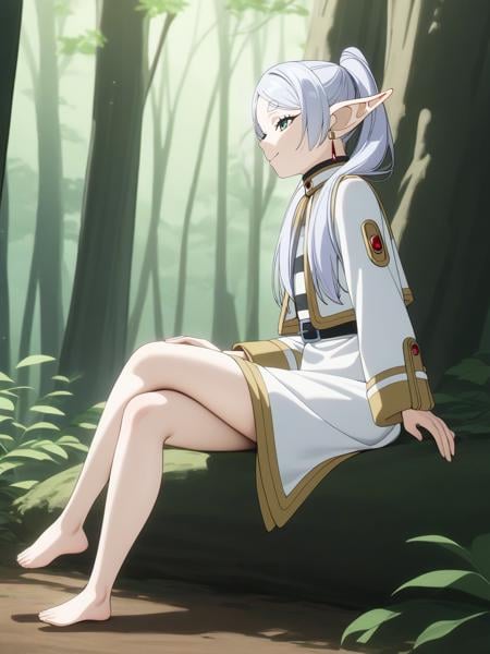best quality,masterpiece,highres,absurdres,1girl,solo,newest,rating: general,  <lora:Frieren_XL-step00001000:0.6> ,(frieren, pointy ears, elf, earrings, twintails, parted bangs, grey hair, thick eyebrows),(full body:1.1),smile,from side,sitting,crossed legs, looking up,forest, 