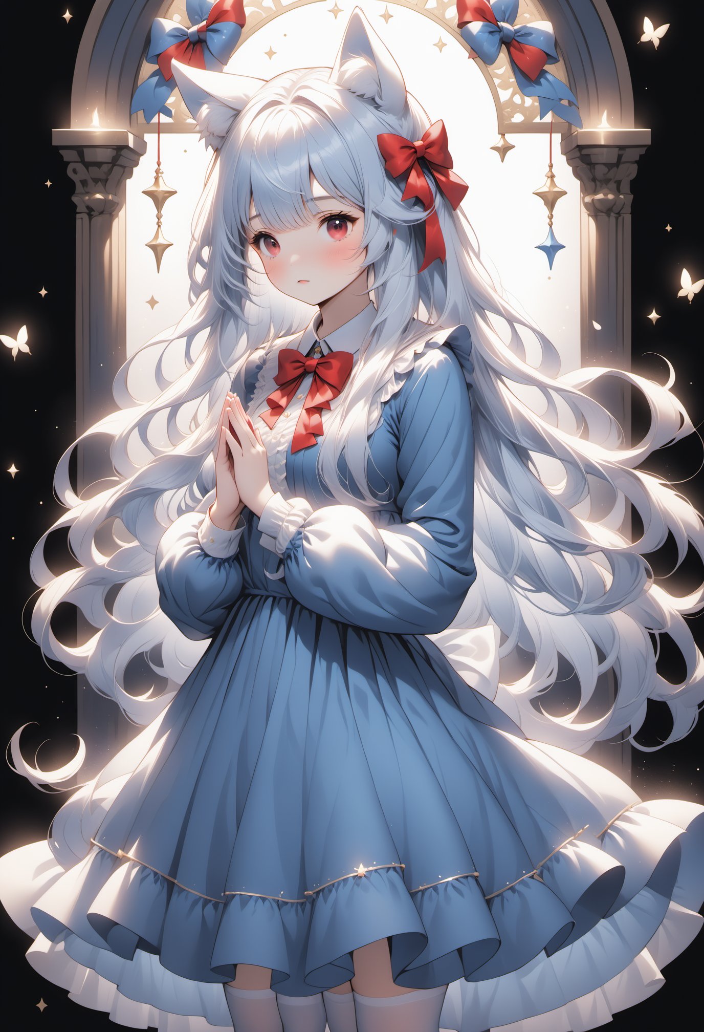 1girl, multiple colored hairs,hair,lovely,cute,whole bodyblue bow,animal ears, red eyes, long hair, very long hair, long sleeves, solo, bow, hair between eyes, bangs,dress, legwear,white hair,chest,pray