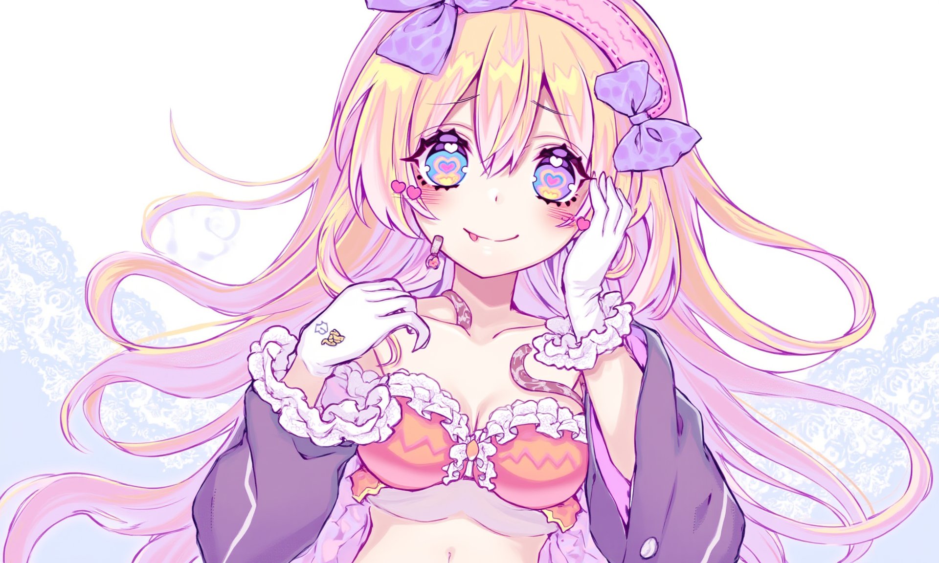 1girl,    bare shoulders, :p, multicolored eyes, ribbon, breasts, hair between eyes, open clothes, orange bra, cleavage, lace, jacket, hand on own face, fang, underwear, head fins, medium breasts, wavy hair, yellow sclera, hands up, colored sclera, gradient background, frilled bra, long sleeves, pink bow, blue background, white background, eyes visible through hair, bra, bow, frills, lolita hairband, white gloves, long hair, snake, closed mouth, blue eyes, gloves, blonde hair, blush, solo, looking at viewer, fang out, collarbone, heart, smile, lingerie, upper body, lace-trimmed bra, frilled bow, lace trim, hairband, black jacket, open jacket, tongue, frilled sleeves, arm ribbon, pink hairband, purple bow, lace background, shaded face, claws, tongue out, sleeveless, hand on own cheek, stomach, sleeveless jacket, detached sleeves, scales, slit pupils, v-shaped eyebrows, pink eyes, gradient eyes, virtual youtuber, pink ribbon, crop top, white pupils, purple eyes, orange hair, fins, bright pupils <lora:Jingtian:1>