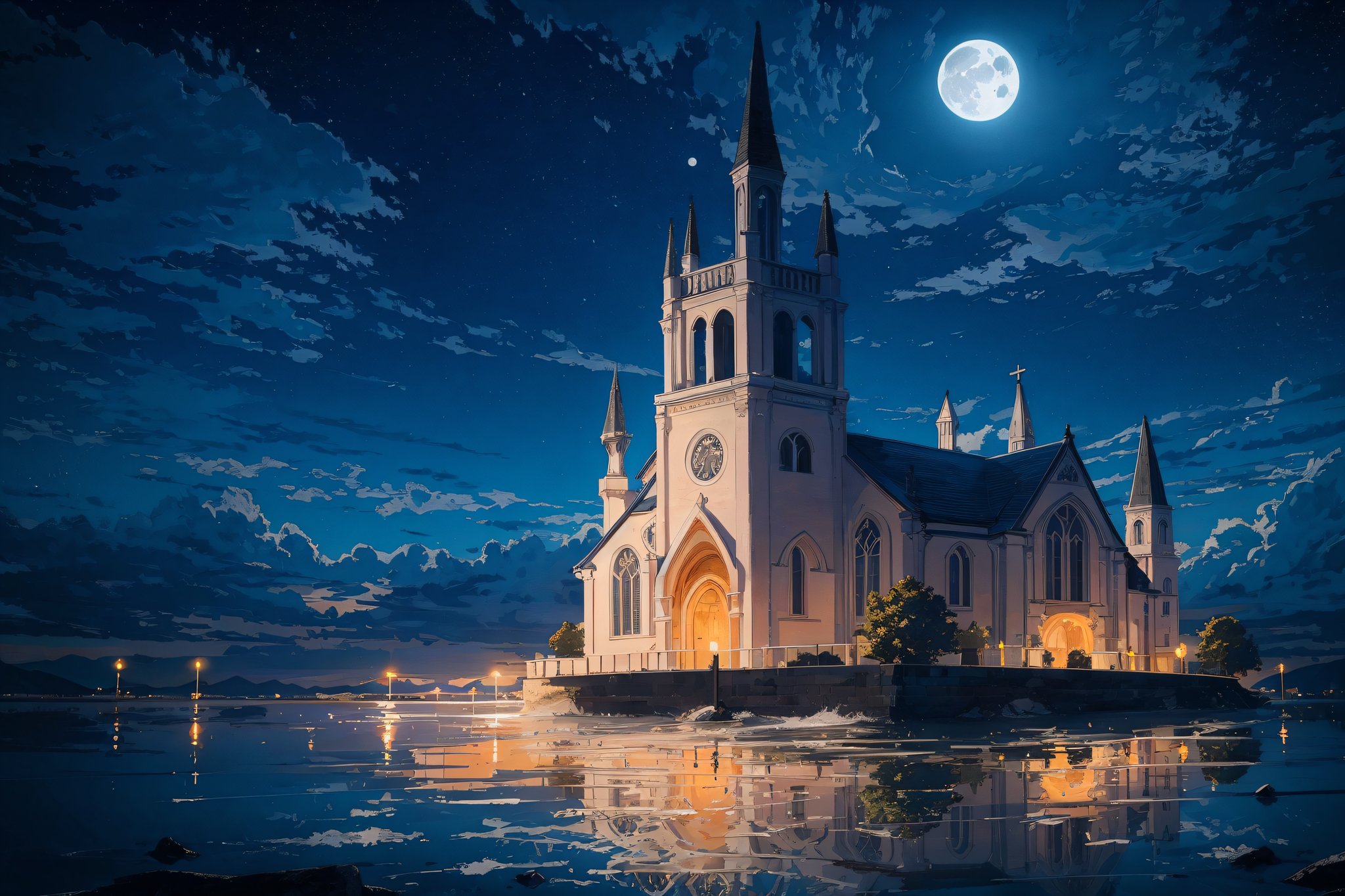 (masterpiece, best quality:1), detailed lighting, octans, no humans, moon, sky, night, full moon, cloud, whale, inverted reflection in water, outdoors, scenery, night sky, water, watercraft, cloudy sky, church, (skeleton), animal.