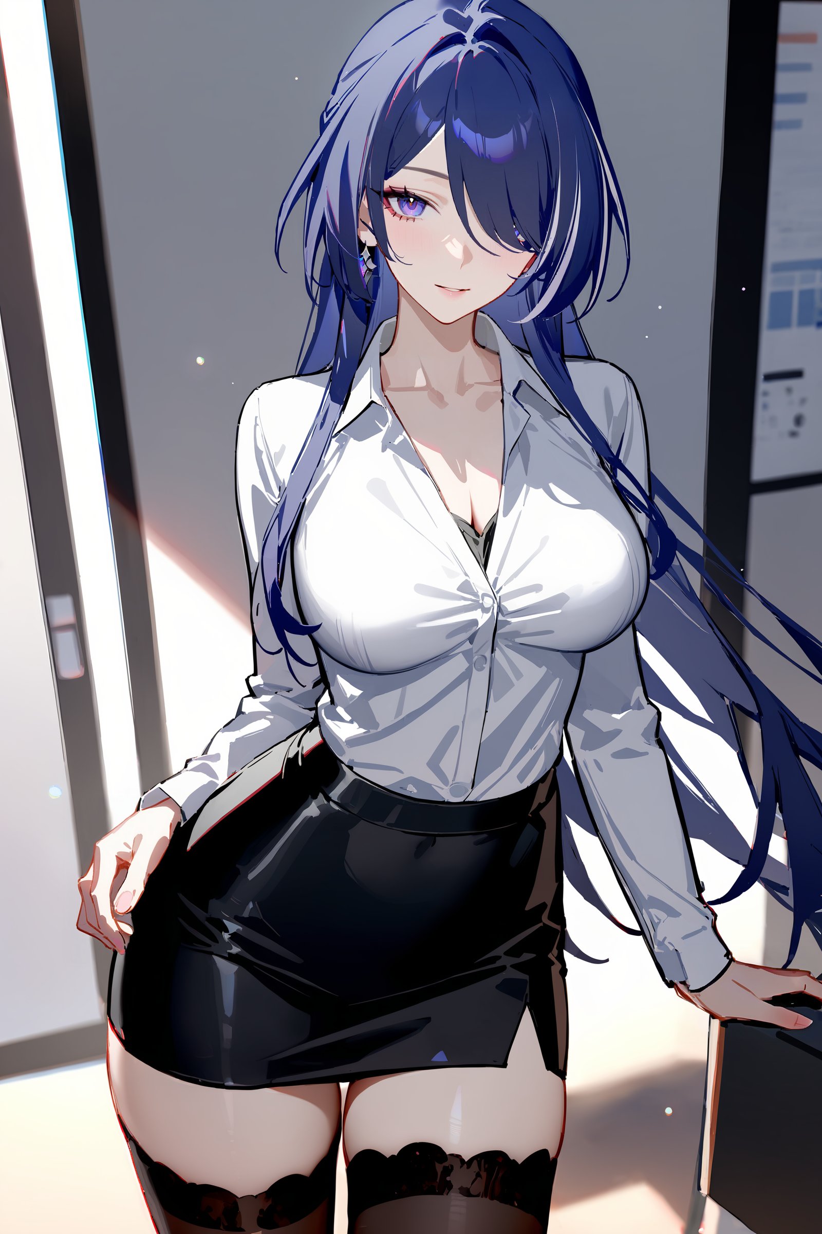 masterpiece, best quality, perfect features, intricate details, ray tracing, newest,(hitenkei, askzy:0.4), 1girl, acheron \(honkai: star rail\), solo, office lady, collared shirt, white shirt, pencil skirt, black thighhighs, looking at viewer, cowboy shot, light smile, office, indoors, depth of field  <lora:Char-HonkaiSR-Acheron-XL-V2:0.9>