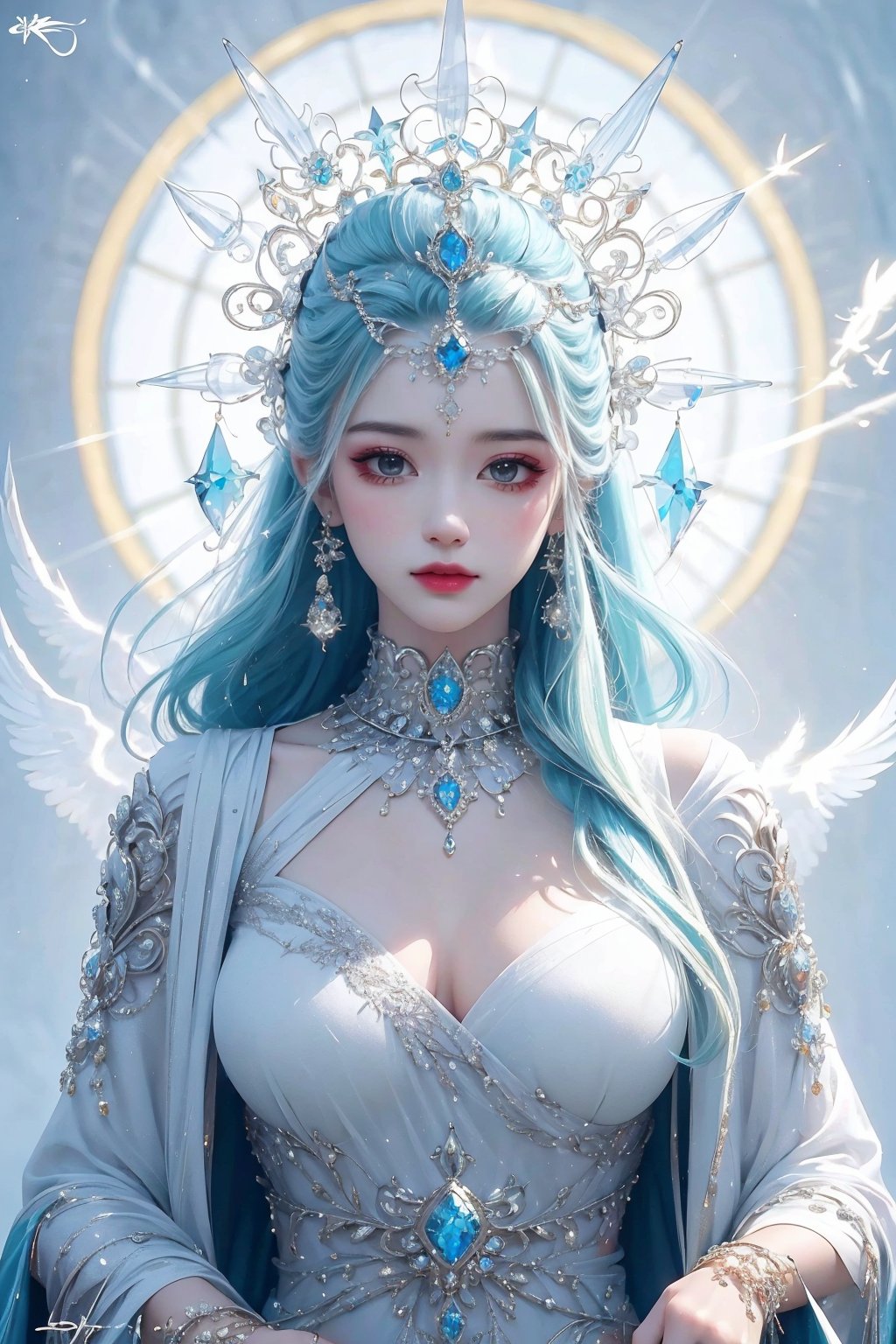 busty and sexy girl, 8k, masterpiece, ultra-realistic, best quality, high resolution, high definition,a character with a detailed and ornate headdress, adorned with what appears to be crystals or gems.  outfit suggests a regal or ceremonial attire.The color palette, predominantly white and silver, gives the character an ethereal or otherworldly appearance.<lora:EMS-382700-EMS:1.000000>