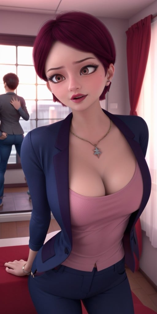 Hyperrealistic, photorealistic, super detailed, perfect face, (strict dark blue jacket), (strict dark blue trousers), short hair with a gradient of strong raspberry to moderate rose color, expressive moderate red eyes, raspberry colored lipstick, body like in real life, large pores, slender, medium height, pale skin, beautiful arms, beautiful legs, unreal engine, octane render, droped shadow, bokeh, cinematic lighting, <lora:add_detail:0.5>, <lora:Volumetric_lighting:0.6>, raspberry colored lipstick, moderate red eyes, short hair with a gradient of strong raspberry to moderate rose color, Chamack, Nadja, , <lora:a9a766c8-d663-4fd8-8723-45c5a2f45a0b:0.7>