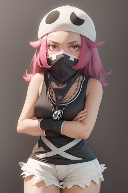 (masterpiece, best quality:1.2), <lyco:pokemon_skullgrunt-09:1.0>, cowboy shot, solo, 1girl, skullgrunt, looking at viewer, crossed arms, covered mouth, bandana, hat, furrowed brow, tank top, short shorts, wristband, jewelry, necklace