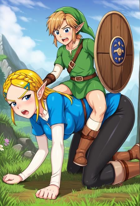 <lora:pony_ride_bog_ponyxl_v1:0.8>, piggyback riding, human chair, all fours, sitting on person, boy on top, 1girl, blue eyes, link, zelda, the legend of zelda: breath of the wild, 1boy, from side, clothed, black pants, blue dress, brown boots, looking to the side, charging, open mouth, shouting, wooden shield, half-closed eyes, angry, outdoors, grass, mountainous horizon, blue cloudy sky,BREAKscore_9, score_8_up, anime, (high quality, detailed, beautiful), shiny, detailed beautiful eyes, outstanding, countershading, detailed soft lighting