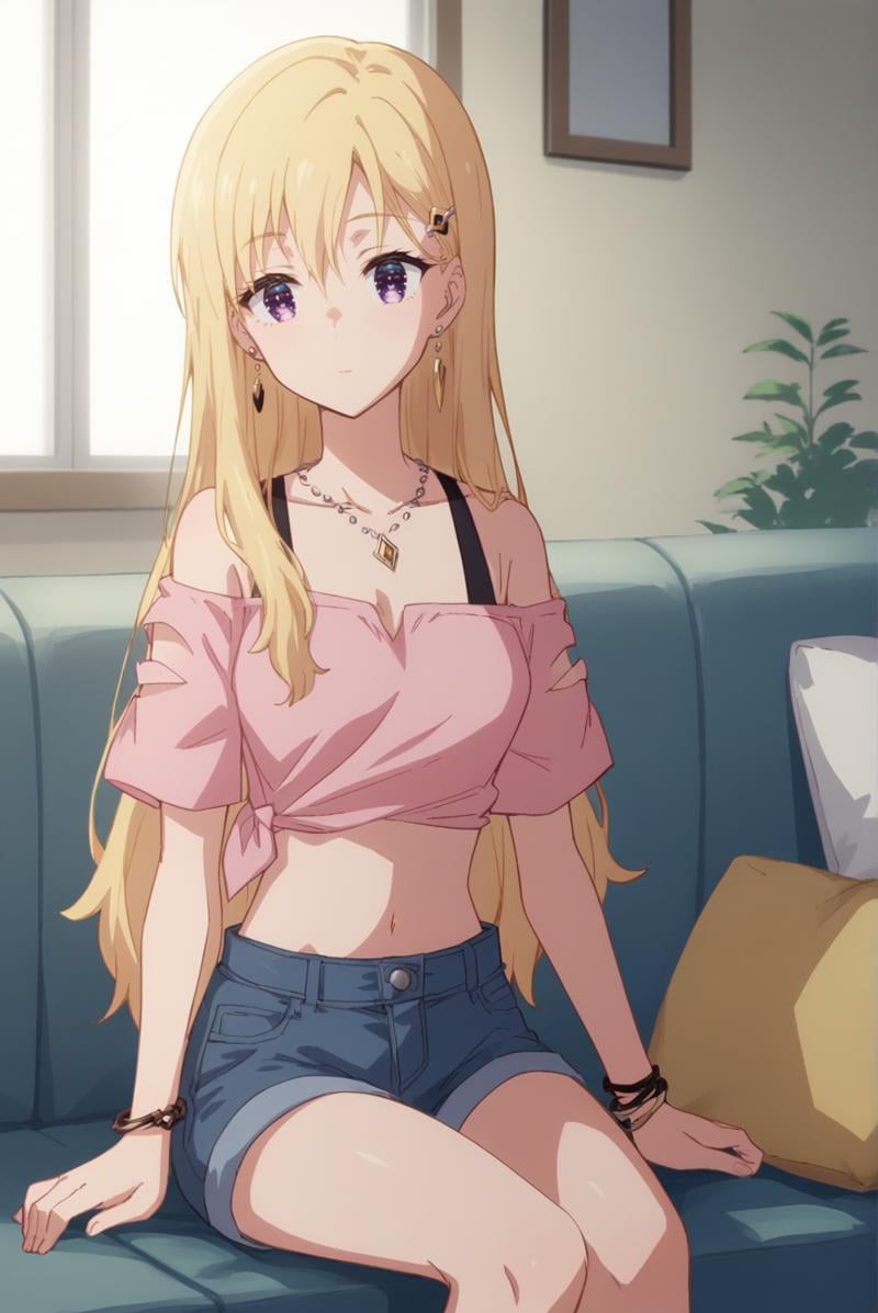 score_9, score_8_up, score_7_up, score_6_up, score_5_up, score_4_up, BREAK source_anime, 1girl, solo,<lora:AyaseSakiXL-v1-07:0.8>, ChopioAyase, long hair, blonde hair, shiny hair, hair between eyes, purple eyes, highly detailed eyes, hair clip, looking at viewer,earrings, bracelet, necklace, straight hair,outfit_2, bare shoulders, pink shirt, off shoulder, crop top, short sleeves, tied shirt, midriff, denim shorts,living room, sofa, kotatsu, sitting,