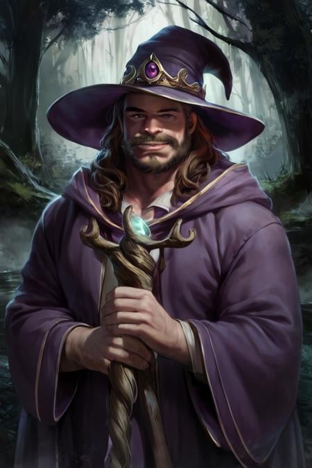 score_9, score_8_up, score_7_up, rating_safe, 1boy, solo, male focus, mature male, wizard, long hair, brown hair, black eyes, looking at viewer, hat, facial hair, beard, mustache, staff, wizard hat, purple hat, shirt, collared shirt, robe, purple robe, cloak, holding, holding staff, upper body, standing, outdoors, forest, nature, tree, fog, dark background <lora:Concept Art Brush Style LoRA_Pony XL v6:1>