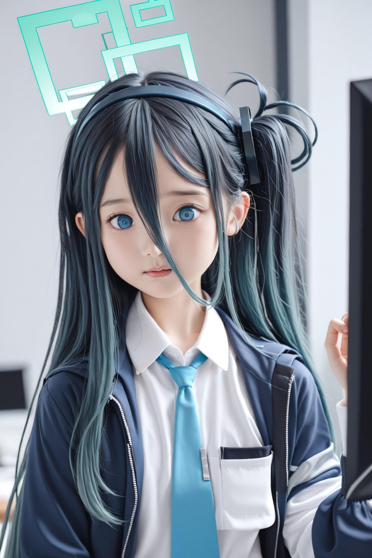 masterpiece, best quality, realistic,loli,1girl, aris (blue archive), blue eyes, solo, long hair, necktie, jacket, hair between eyes, shirt, blue necktie, black hair, white shirt, collared shirt, halo, upper body, long sleeves, open clothes, blurry, very long hair, long bangs, open jacket, one side up, blue hair, dark blue hair, blurry background, ringed eyes, hairband, indoors, school uniform, hand up, closed mouth, monitor