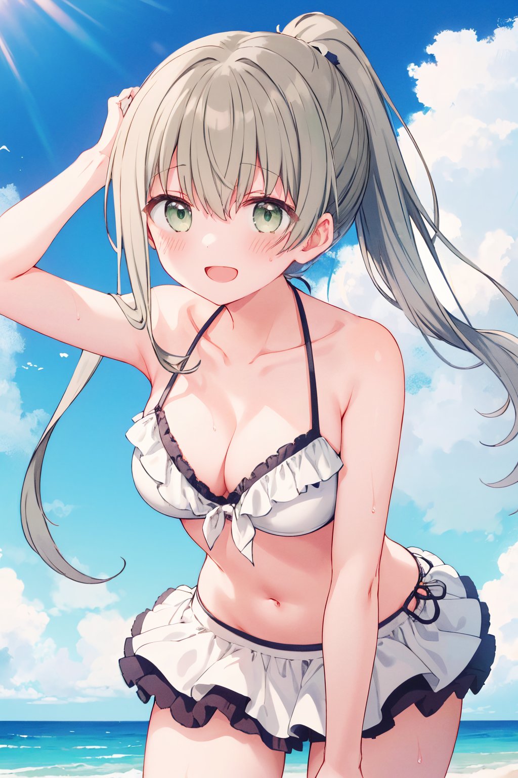 1girl, cecilia \(shiro seijo to kuro bokushi\), official art, solo, ponytail, open mouth, white bikini, green hair, green eyes, looking at viewer, collarbone, blush, frilled bikini, frills, bare shoulders, smile, eyebrows visible through hair, hair between eyes, navel, sidelocks, bare arms, :d, hand up, cleavage, wet, leaning forward, side-tie bikini, hand in hair, cowboy shot, bikini skirt, high ponytail, very long hair, arm up, halterneck, medium breasts, grey hair, standing, day, ocean, beach, blue sky, cloud<lora:cecilia_shiro_seijo_locon_v1:0.9>