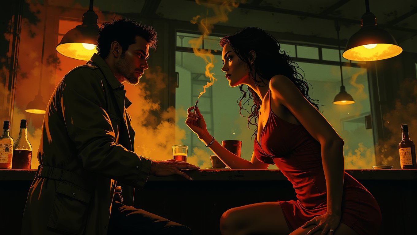 In a smoky, dimly lit bar, a stunning femme fatale in a red dress seductively leans on the counter, her gaze fixed on a hard-boiled detective in a trench coat. She holds a cigarette in one hand, the smoke curling up toward the ceiling. He watches her intently, knowing she’s trouble  <lora:Luminous_Shadowscape:0.6>