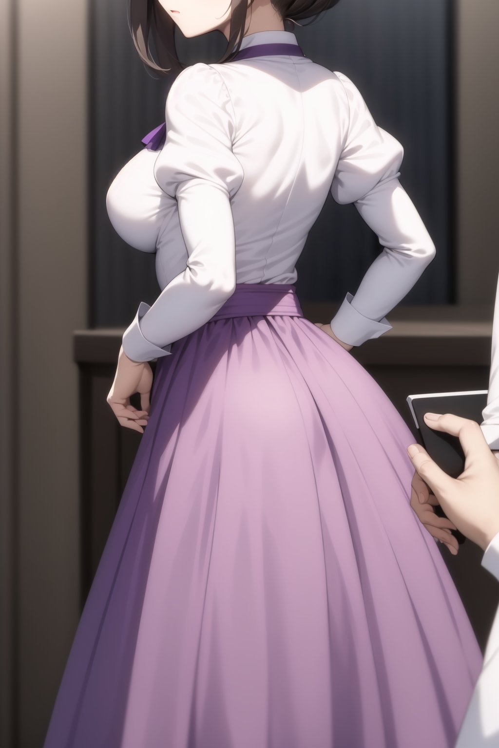 Highly detailed, High Quality, masterpiece, beautiful,BREAK 1girl, Focus solo, (young woman), (16 old), BREAK Uniform Sweet Ohara, skirt, long sleeves, dress, standing, puffy sleeves, red ascot, hands on hips, long skirt, (purple skirt:1.5), white dress, wrist_cuff, maid headdress,BREAK looking_at_viewer, back_view, (Focus breasts:1.3), motion blur<lora:EMS-327022-EMS:0.300000>, <lora:EMS-434503-EMS:0.800000>