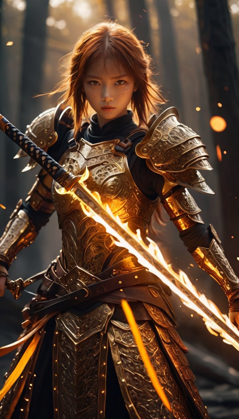 The image showcases a warrior-like figure,seemingly made of metal,wielding a glowing,long sword. The figure's armor is intricately designed with sharp,angular patterns,and it emanates a fiery,golden aura. The background is filled with sparks and embers,suggesting a scene of intense battle or conflict.,a cute girl,Porta 160 color,shot on ARRI ALEXA 65,bokeh,sharp focus on subject,highest details,photorealistic,high background details,fog,high face details,8k,raytracing,
