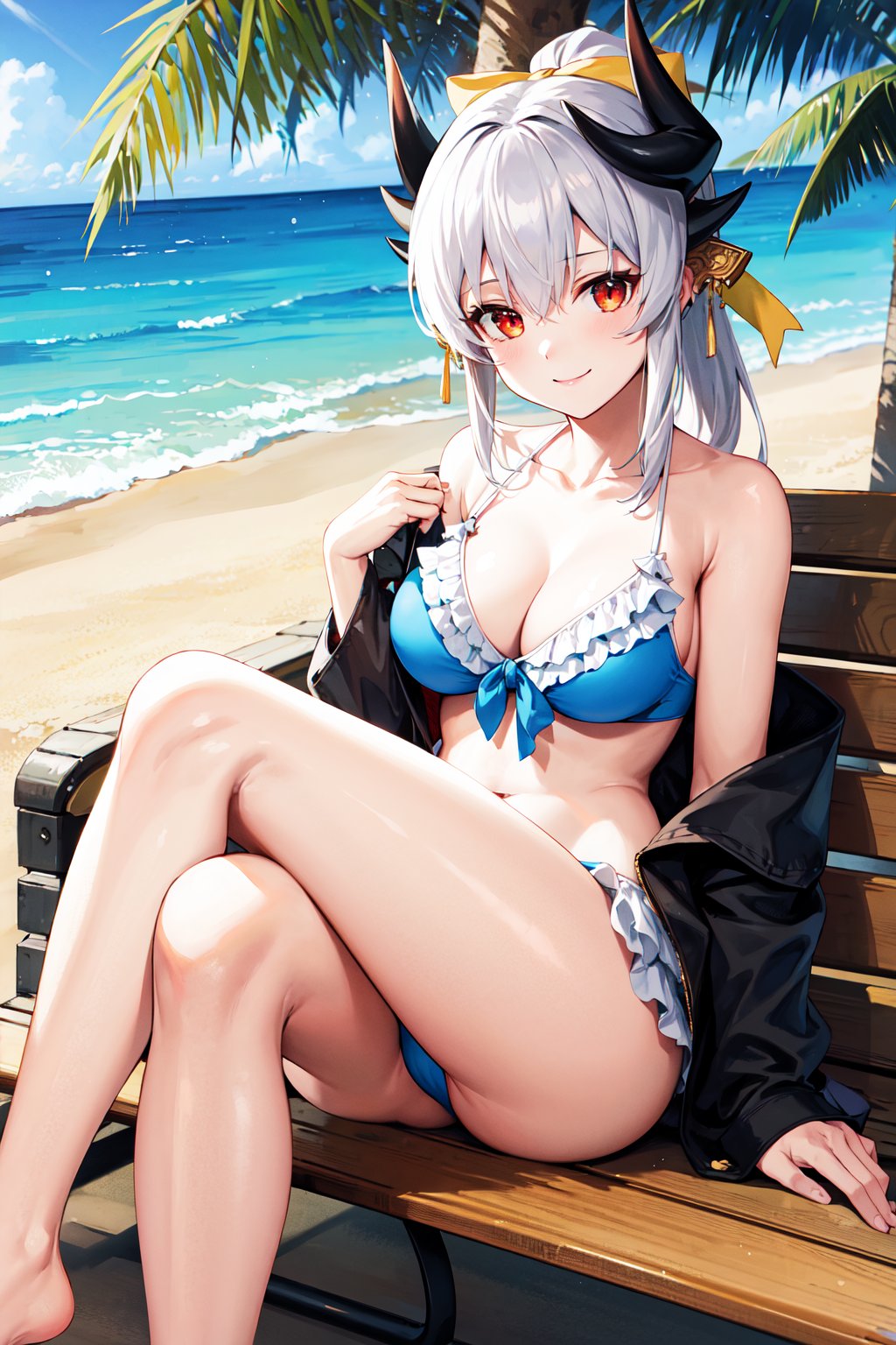 masterpiece, best quality, highres, cckiyo, long hair, white hair, ponytail, black horns, hair bow, hair ornament, yellow bow, red eyes, collarbone, bare shoulders, cleavage, frilled bikini, blue bikini, off shoulder, black jacket, open clothes, <lora:kiyohime_(lancer)_v1:0.7>, sitting, crossed legs, barefoot, beach, bench, smile