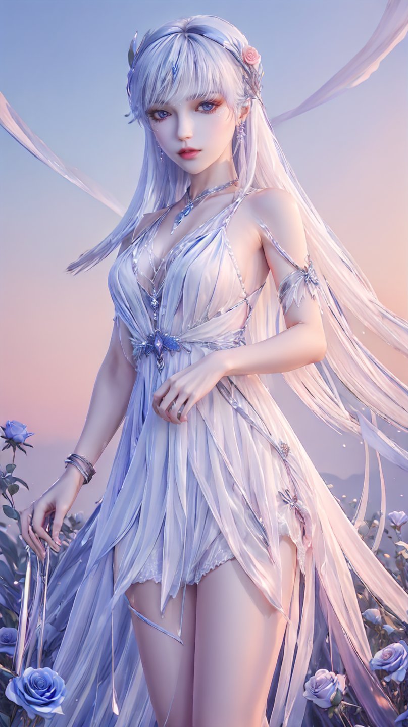 cr,1girl,solo,white dress,white hair,long hair,hair ornament,jewelry,red eyes,looking at viewer,hair_ornament,metal hair accessories,blue_dress,flower field,sunset,blue_sky,,pink rose,cowboy_shot,<lora:玫瑰花场景-王导:0.6>