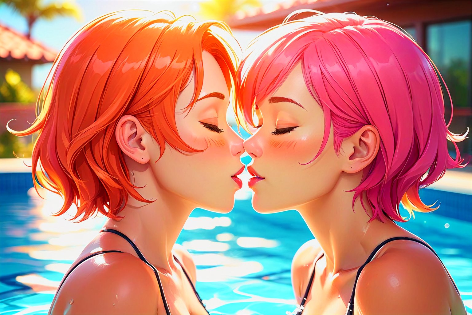 2girls, bikini, pink hair, orange hair, looking at viewer, mature female, yuri, kiss, lips, closed eyes, pool background, sunlight, volumetric lighting, light particles, heart