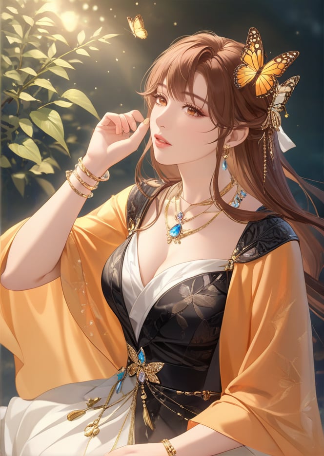 (best quality), ((masterpiece)), (highres), illustration, original, extremely detailed,  <lora:古风·鸢行风上:0.7>1girl, solo, looking up, butterfly, bug, bracelet, jewelry, brown hair, hair ornament, dress, lips