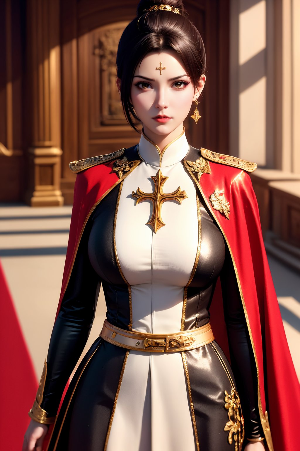 1girl, solo, jewelry, earrings, cross, gloves, looking at viewer, belt, black gloves, brown eyes, black hair, standing, weapon, blurry, brown hair, cross earrings, blurry background, uniform, hair bun, closed mouth, lips, red cape, long sleeves, circlet, breasts, military uniform, cape, military, realistic, cowboy shot, red lips, pants, single hair bun, holding, short hair, indoors, holding weapon, buckle, shadow, arms at sides, black belt, belt buckle