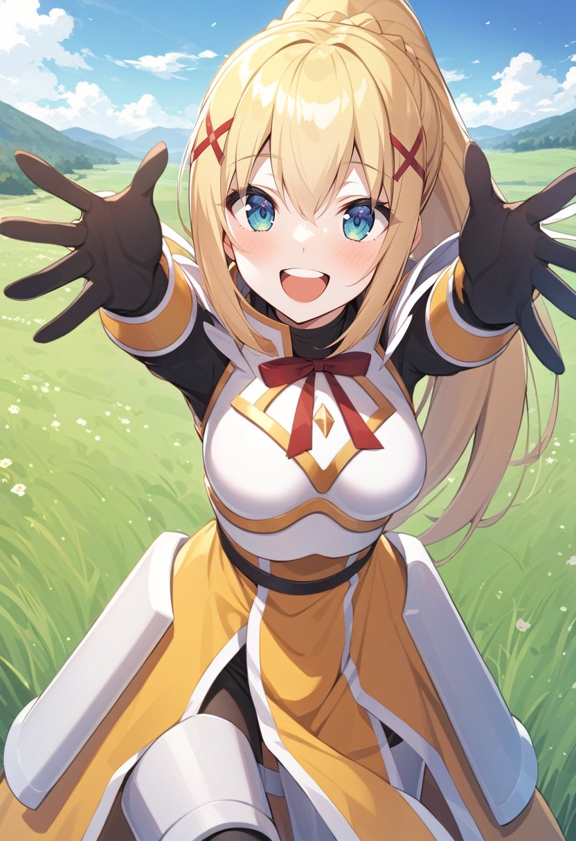 solo, 1girl, ksdarkness, :d, teeth, looking at viewer, outstretched arms, ponytail, x hair ornament, armor, shoulder armor, bodysuit, black gloves, outdoors, landscape scenery <lora:konosuba_darkness_xl-000005:1>