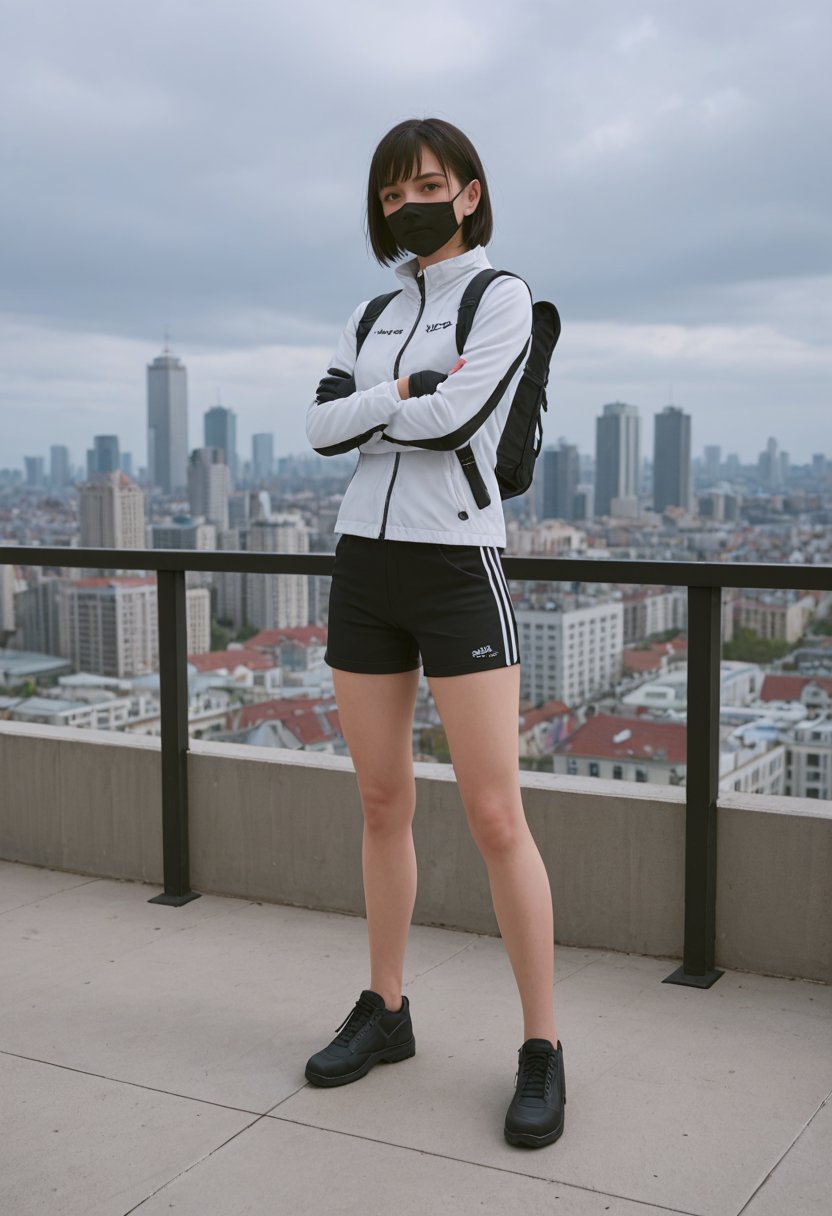 score_9, score_8_up, score_7_up, score_6_up, BREAK , source_real, raw, photo, realistic,  BREAK, 1girl, solo, looking at viewer, short hair, bangs, black hair, gloves, long sleeves, standing, jacket, weapon, outdoors, sky, shoes, shorts, day, black gloves, cloud, bag, black footwear, short shorts, bare legs, thigh strap, mask, black shorts, crossed arms, white jacket, cloudy sky, building, city, mouth mask, railing