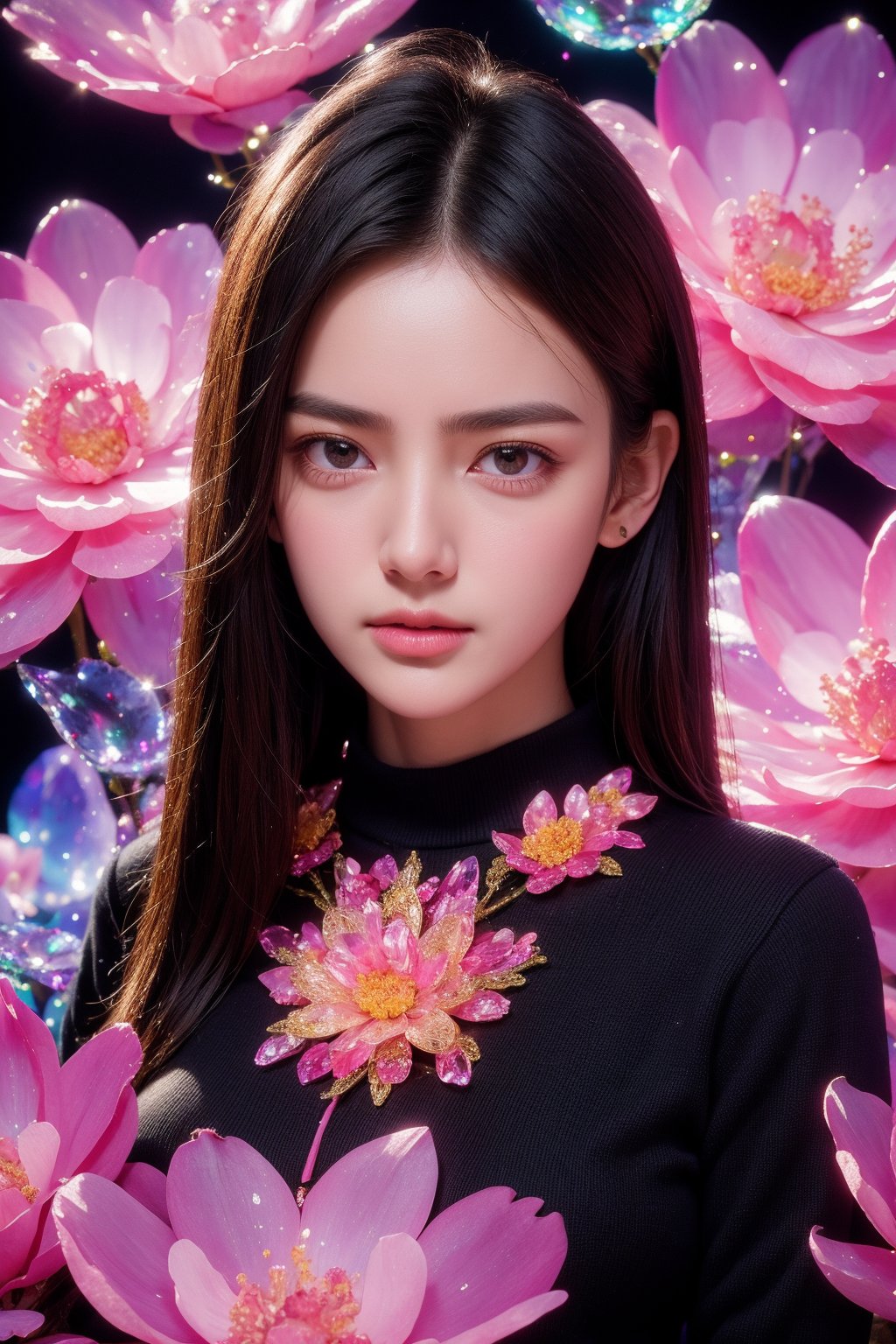 1girl, black background, black eyes, black shirt, black sweater, closed mouth, grey eyes, lips, long hair, long sleeves, looking at viewer, flower, extremely high quality high detail RAW color photo, crystal flower, intricate crystal patterns, translucent petals, prismatic light refraction, sharp, precise edges, detailed textures, luminous glow, 