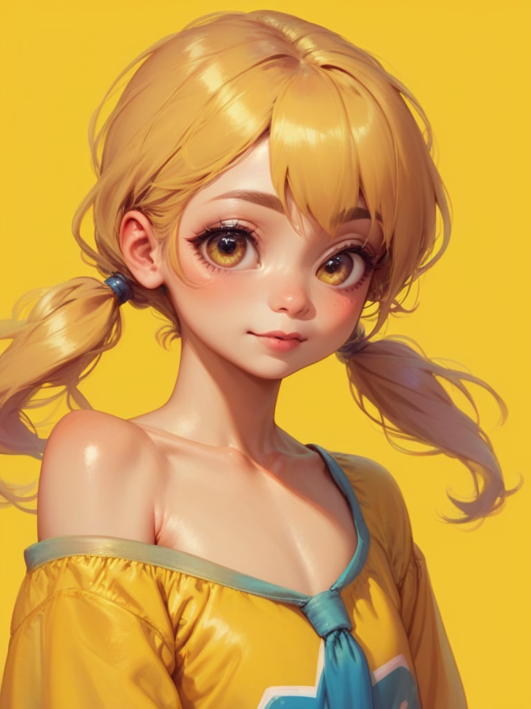 score_9, score_8_up, score_7_up, score_6_up,<lora:Asekka pony:0.8>,yellow background,dynamic Angle,Solid color background,Flat color,cute little girl,loli,solo,solo focus,detailed eyes,detailed face,shiny hair, shiny skin, shiny eyes, yellow hair,low twintails,collarbone, bare shoulders,yellow clothes,