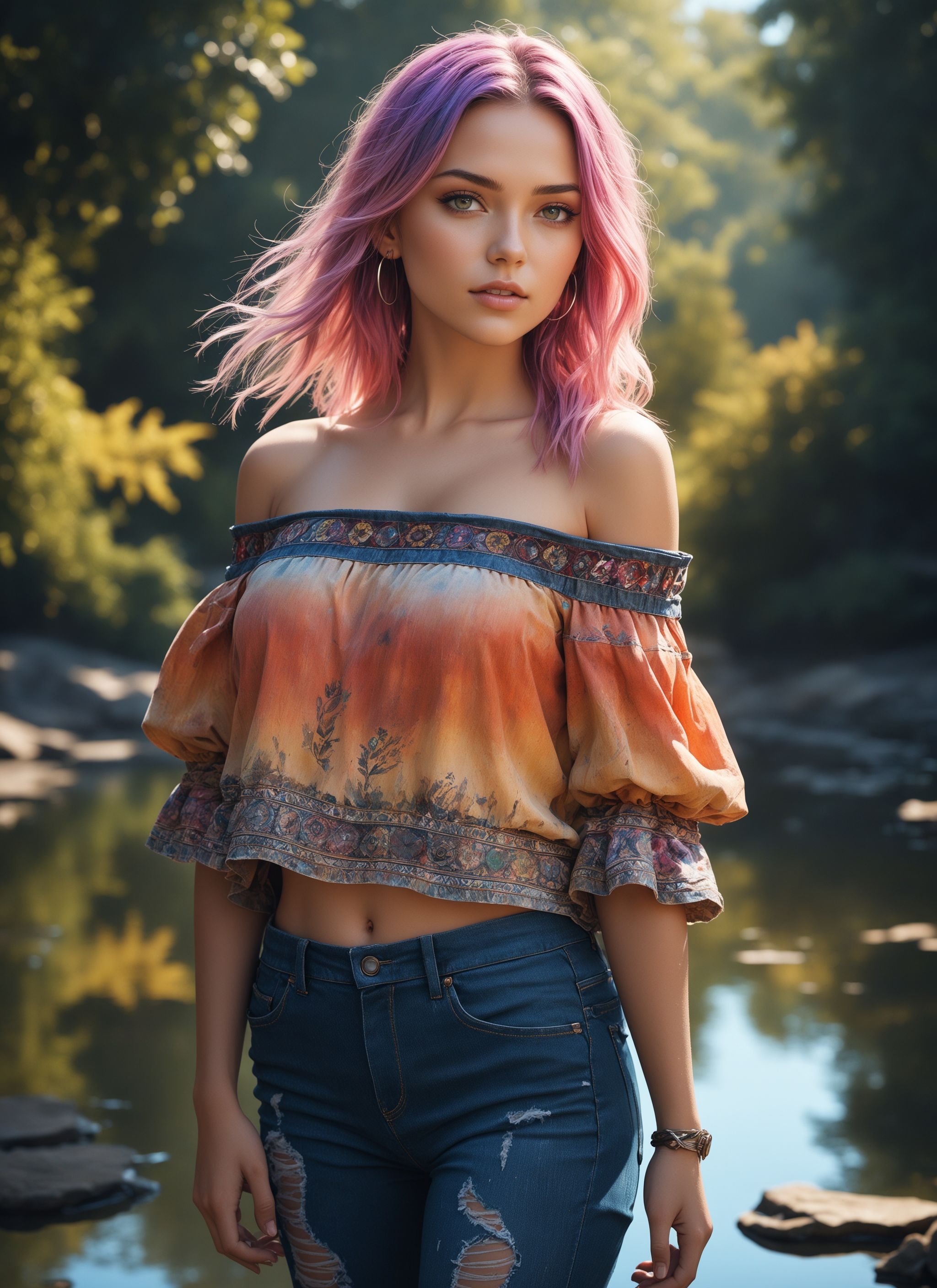 Medium distance high contrast photorealistic masterpiece, (Boho beauty in Off-Shoulder Blouse:1.2), Balanced composition, Distressed denim, (Reflective pond backdrop:1.3), Dynamic pose, Slow-motion effect, (Artistic skin textures:1.2), Rainbow hair cascades, Bohemian chic, Sun-kissed glow, Captured with professional high-speed equipment, Realistic fashion details, Intricate folds and creases, Natural beauty, Captured with a Hasselblad H6D-100c, 85mm f/1.2 lens, Life-like coloring, Vibrant retro vibe, Trending on ArtStation, ktrmkp face paint