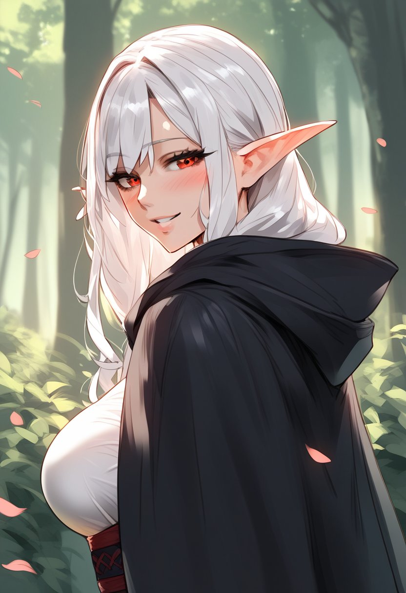 score_9, score_8_up, score_7_up, score_6_up, source_anime, <lora:CYR 0.1v:1>,1girl, pointy ears, solo, red eyes, smile, elf, looking at viewer, white hair, petals, long hair, upper body, outdoors, cloak, forest, hood, blush, nature, hooded cloak, cape, shirt, hood down, parted lips, looking back, day, bangs, large breasts, 