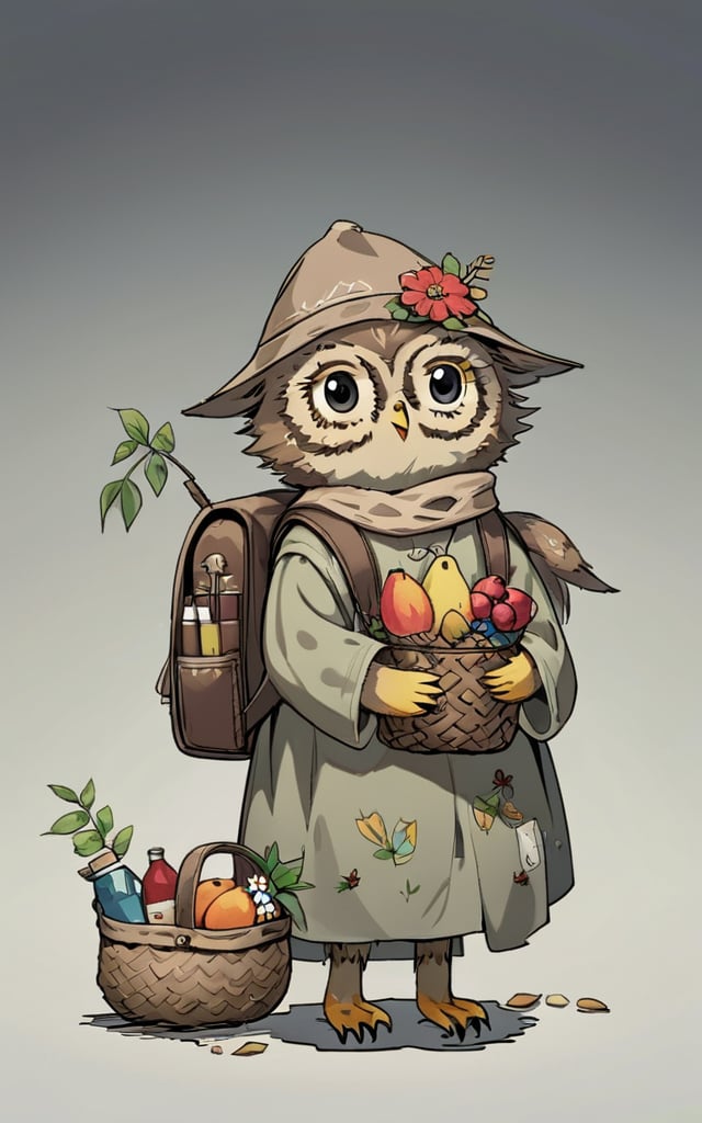 comic_style, children's_painting_style, bird, no humans, owl, bottle, bag, basket, flower, solo, grey background, animal focus, simple background, backpack, animal, hair ornament, hat, looking at viewer, clothed animal, holding, bread, standing, bug, outdoors, leaf, shadow, sitting, stick, black eyes, food, gradient background, fruit, closed mouth,<lora:好吃米-儿童绘本:0.8>,