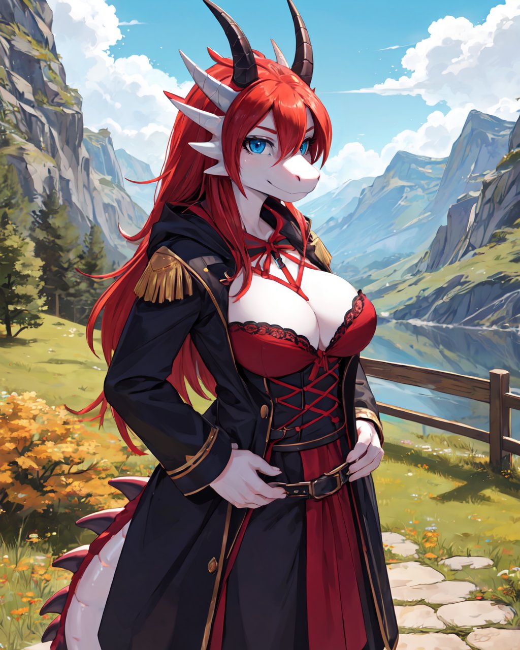 1girl, solo, masterpiece, clothes, outfit, outdoors, scenery, upper body, red dragon anthro, scalie, scales, dragon horns, breasts, looking at viewer, blue eyes,