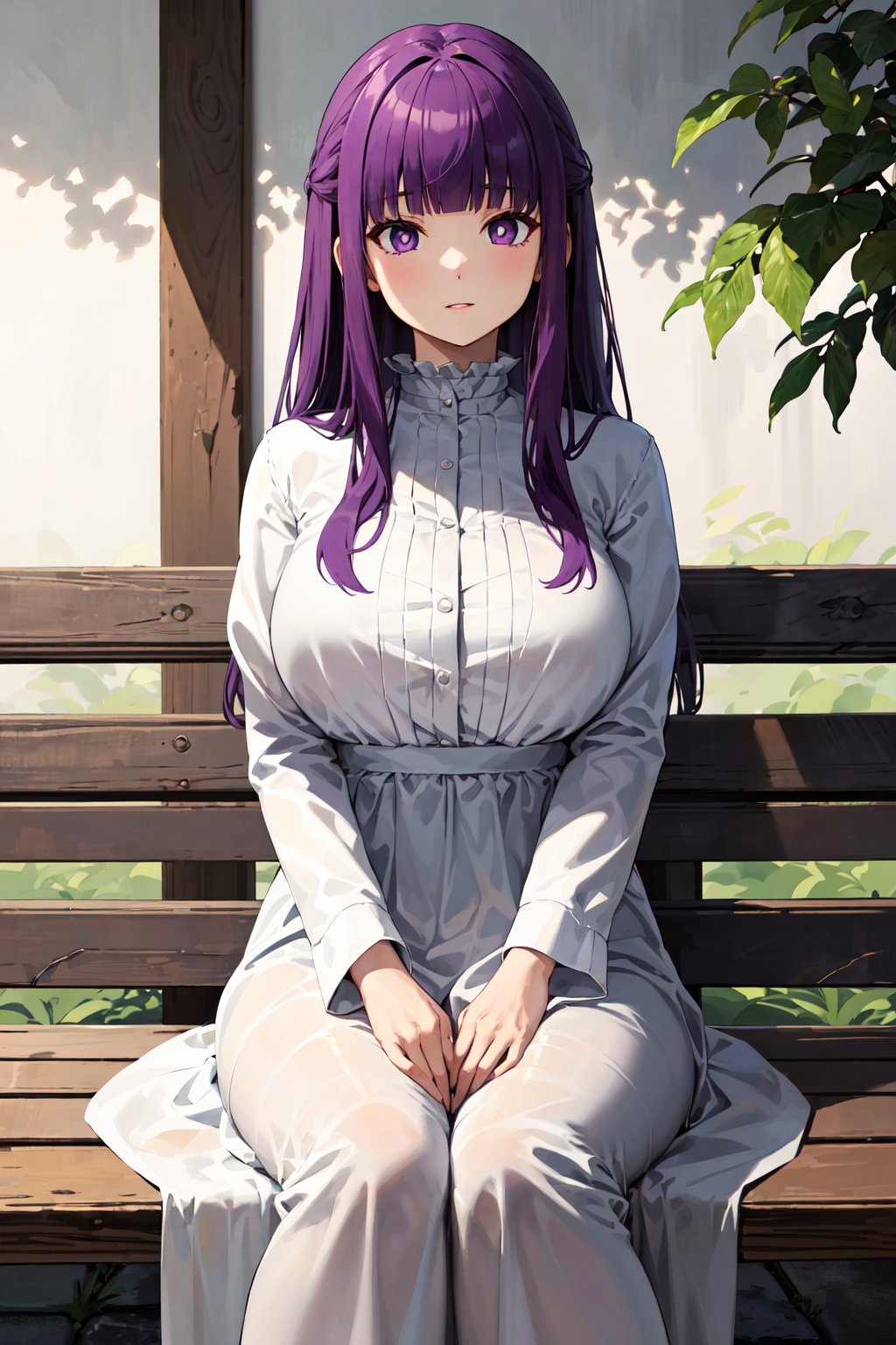 masterpiece, best quality, highres, aafern, long hair, purple hair, blunt bangs, purple eyes, large breasts, long dress, white dress, white sleeves, <lora:fern_(sousou_no_frieren)_v1:0.7>, sitting, bench, hands on own knees, 