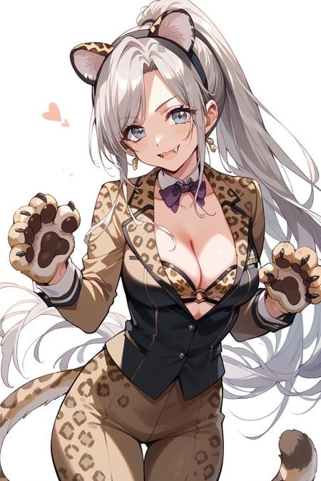 score_9, score_8_up, score_7_up, score_6_up, 1girl, <lora:Niijima_Ibuki:0.9> ibuki, long hair, ponytail, breasts, cleavage, fake leopard ears, fake leopard paws, leopard tail, smile, fangs, leopard suit,