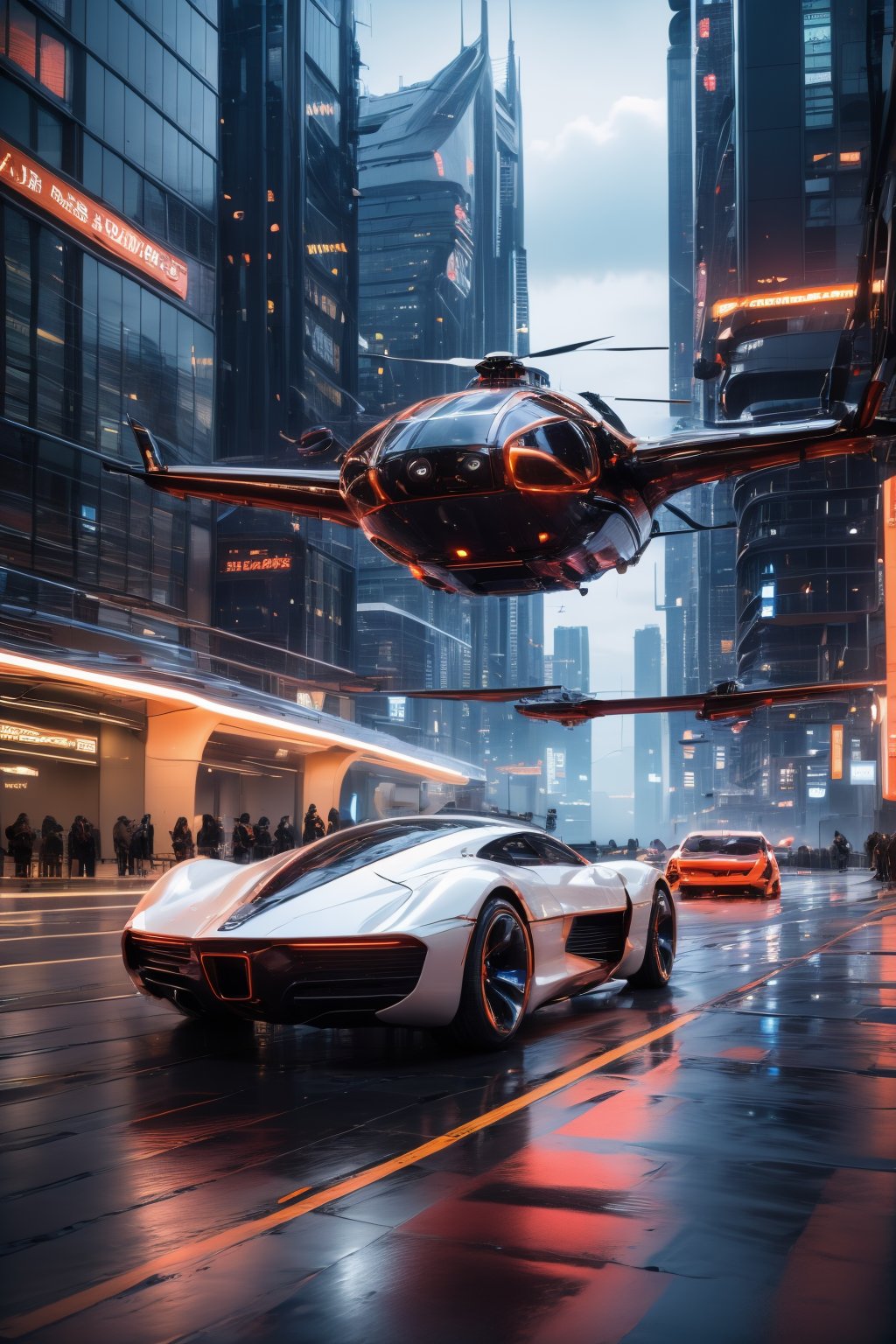 photorealistic, realistic, car, motor vehicle, science fiction, aircraft, city, flying, scenery, helicopter, sky, cloud, realistic, night, skyscraper, cyberpunk