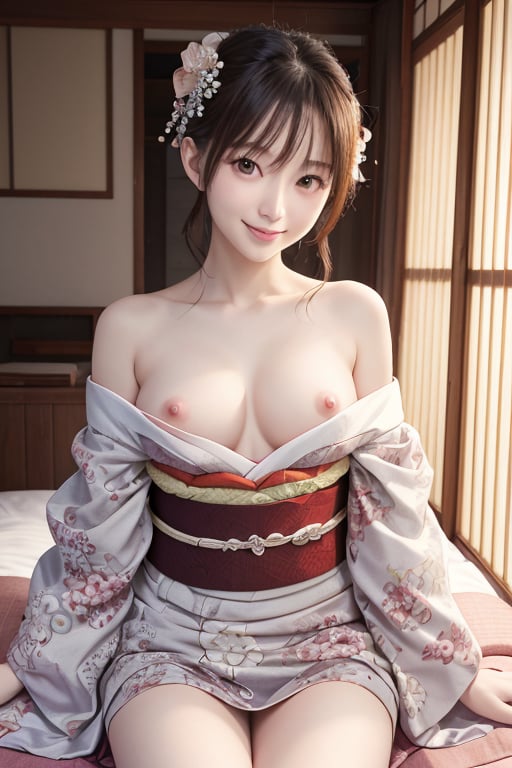 highres, ultra detailed, (best quality:1.2), very high resolution, refraction, full color, 1girl,smile, <lora:furisode_v01e5-000008:1>furisode, off shoulder, nipples, bedroom