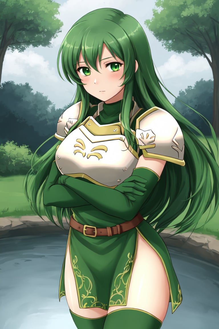 <lora:Erinys_FE-08:0.75>  Erinys fe, 1girl, solo, looking at viewer, blush, thighhighs, gloves, dress, elbow gloves, armor, short dress, shoulder armor, side slit, (green dress), breastplate, green gloves, green thighhighs, pegasus knight uniform (fire emblem), crossed arms, cowboy shot, park, nature, pond