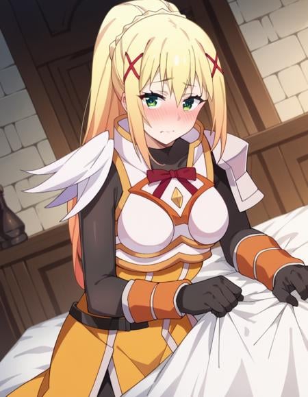 score_9, score_8_up, score_7_up, source_anime,lalatinadustinessford, <lora:lalatina-dustiness-ford-s2-ponyxl-lora-nochekaiser:1>,darkness \(konosuba\), long hair, green eyes, blonde hair, hair ornament, ponytail, braid, x hair ornament,gloves, armor, bodysuit, shoulder armor, armored dress,indoors, bed, bed room, on side, blush, drunk,looking at viewer, dutch angle, cowboy shot,